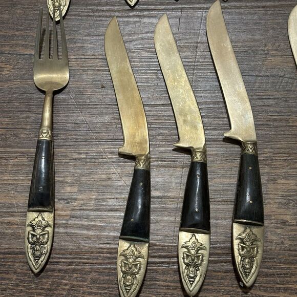 Vintage 12 Pieces MCM Siam Thailand Bronze Rose Wood Brass Tone Flatware - Picture 2 of 7